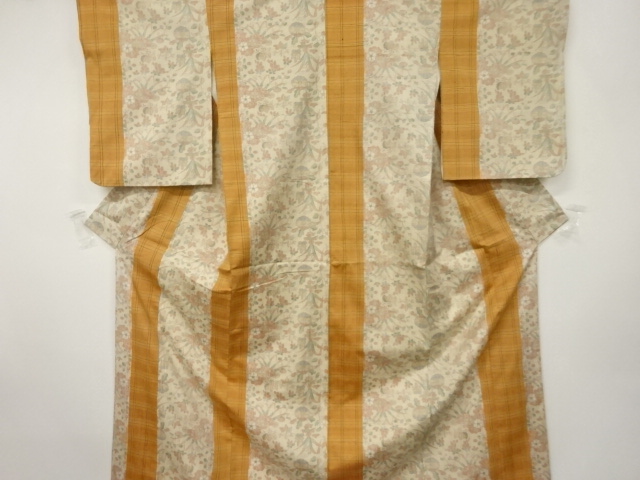 格子に草花模様織出し手織り紬着物